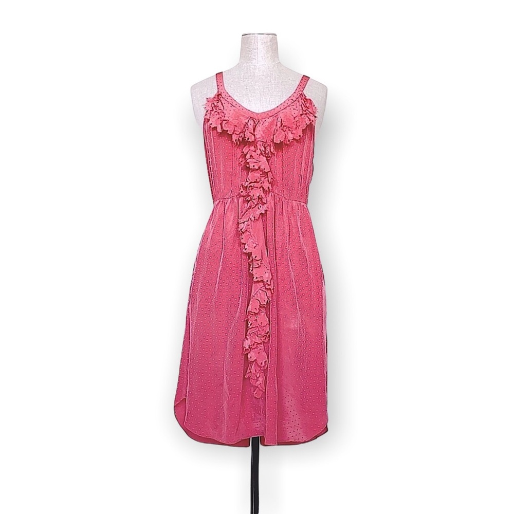 Rebecca Taylor Coral Pink Dotted Silk Ruffle Scoop Neck Mini Dress Size 2